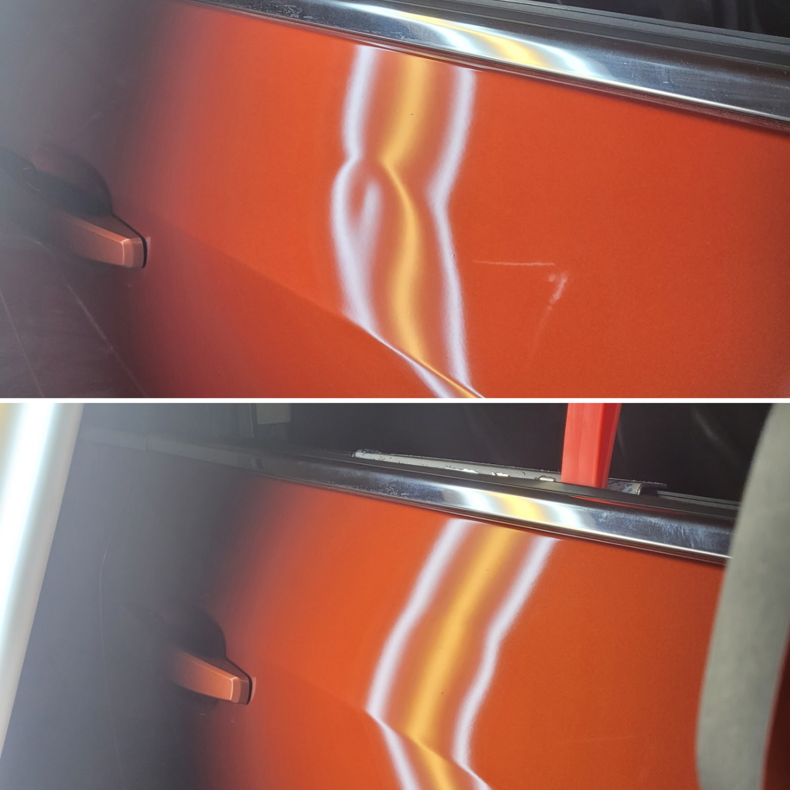 After repair — red car panel restored